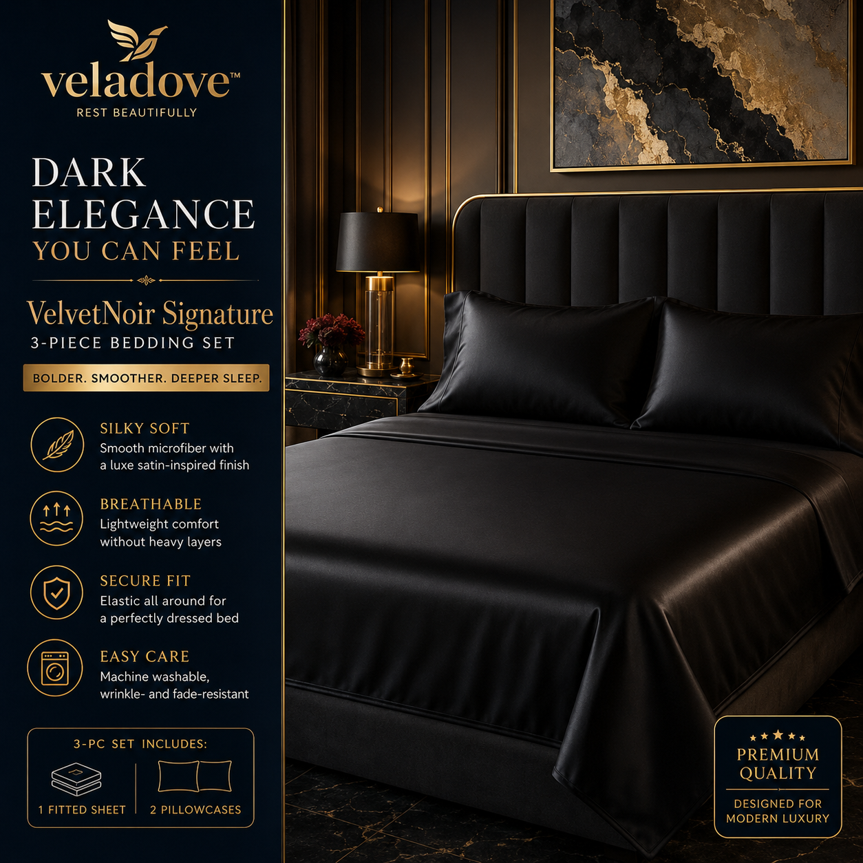 Veladove™ VelvetNoir Signature 3-Piece Bedding Set