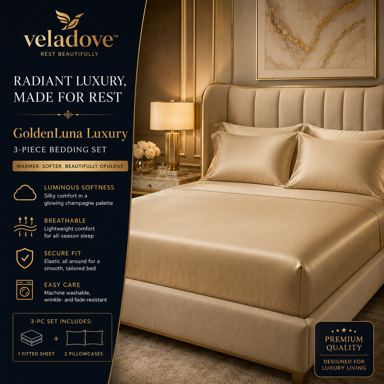 Veladove™ GoldenLuna Luxury 3-Piece Bedding Set